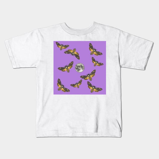 Death's Head Moth and Moons Purple Kids T-Shirt by TrapperWeasel